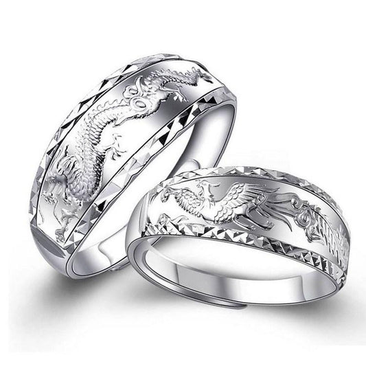 Silver Dragon and Phoenix Couple Rings
