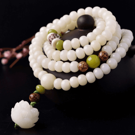 Lotus White Jade Bodhi Seed Mala - 108 Beads Bracelet/Necklace