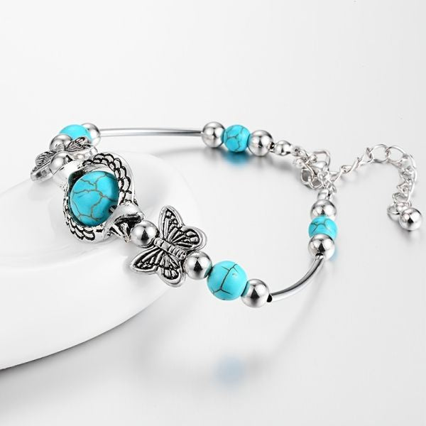 Charm Vintage Natural Turquoise Butterfly Chain Beads Bracelet & Bangle