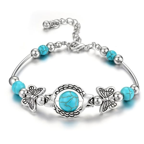 Charm Vintage Natural Turquoise Butterfly Chain Beads Bracelet & Bangle