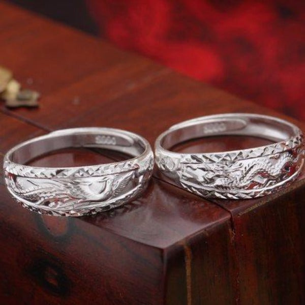 Silver Dragon and Phoenix Couple Rings