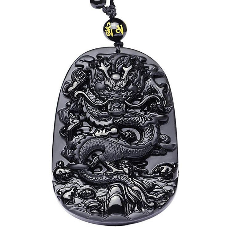 Natural Black Obsidian Dragon Necklace - Protection, Luck, Success