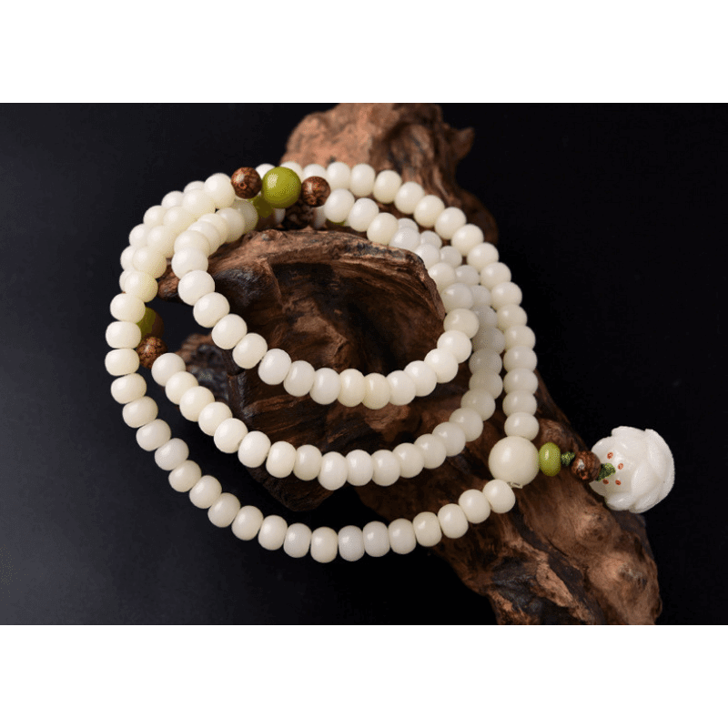 Lotus White Jade Bodhi Seed Mala - 108 Beads Bracelet/Necklace