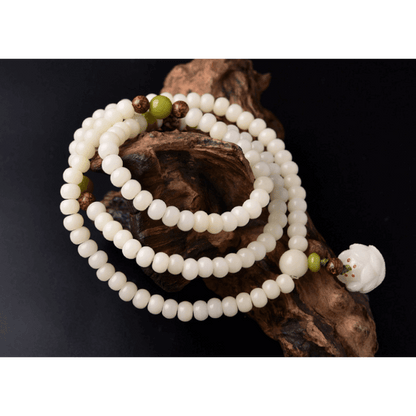 Lotus White Jade Bodhi Seed Mala - 108 Beads Bracelet/Necklace