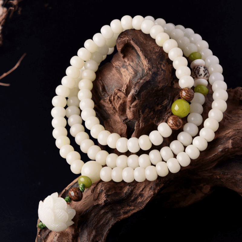 Lotus White Jade Bodhi Seed Mala - 108 Beads Bracelet/Necklace