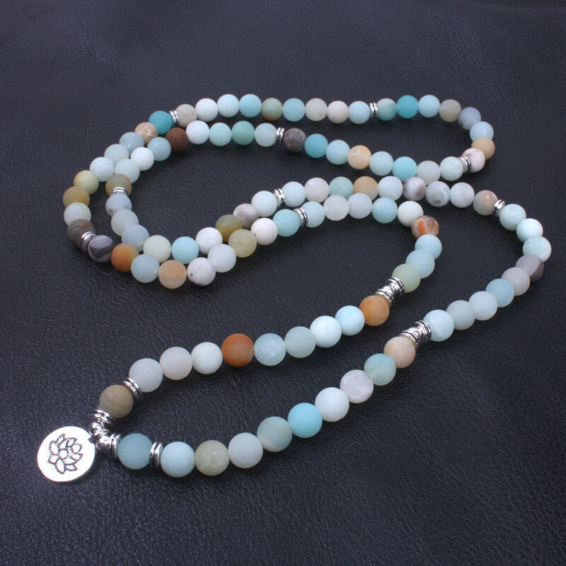 Flat Amazonite 108 Mala Beads Lotus Necklace and Bracelet