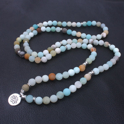 Flat Amazonite 108 Mala Beads Lotus Necklace and Bracelet