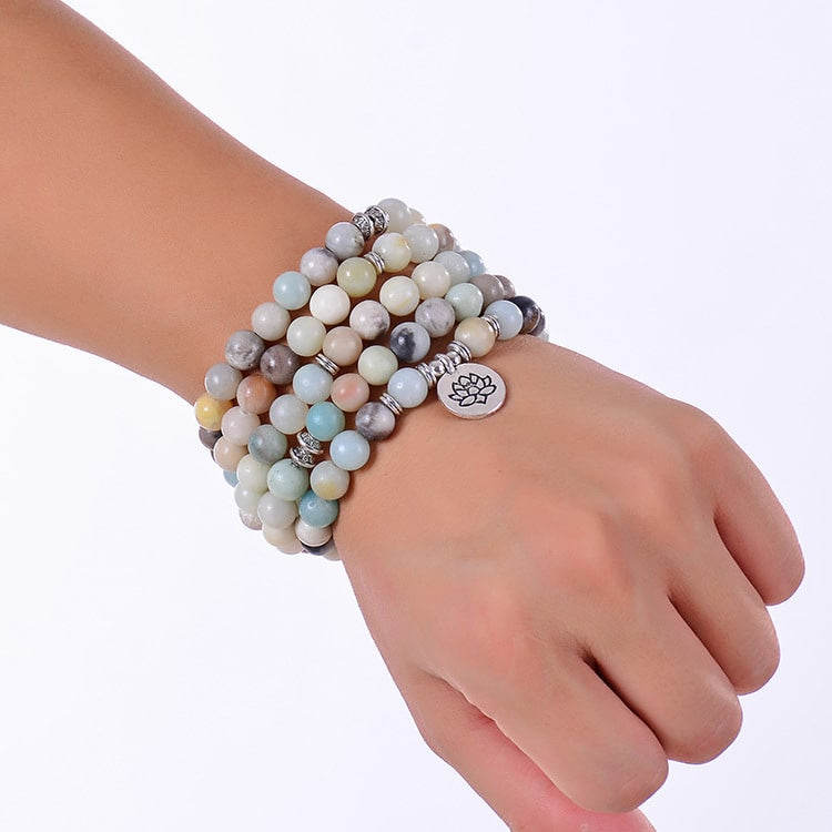 Amazonite 108 Mala Beads Lotus Necklace and Bracelet on Hand