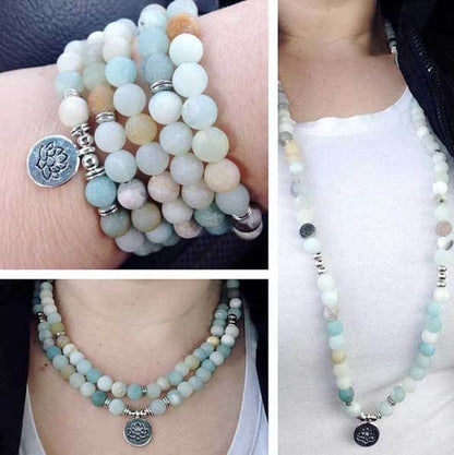 Different Ways to Wear Amazonite 108 Mala Beads Lotus Necklace & Bracelet