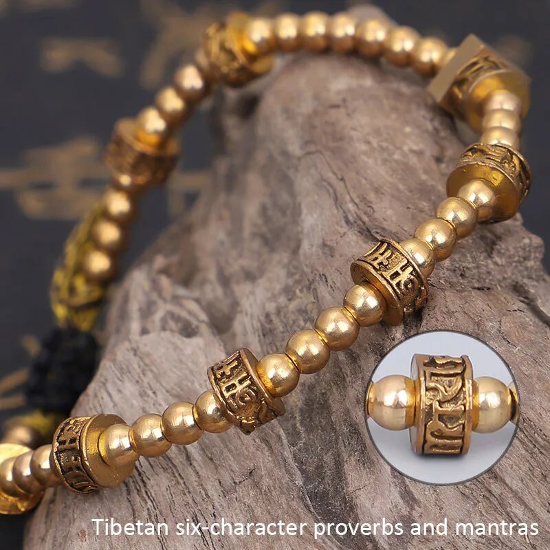 Tibetan Six Character Proverbs Copper Bead Bracelet -- Protection & Healing