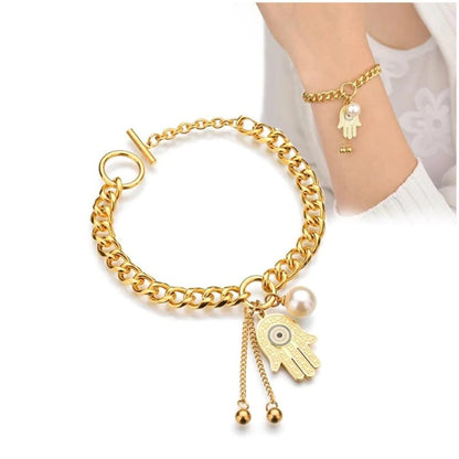 BuddhaChakra Lucky Hamsa Hands with Evil Eye Gold Bangle