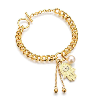 BuddhaChakra Lucky Hamsa Hands with Evil Eye Gold Bangle